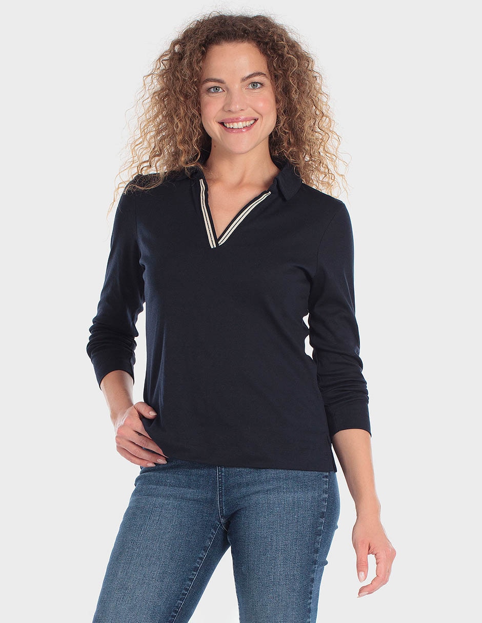 Playera manga larga cuello camisero para mujer Playera manga larga cuello camisero para mujer