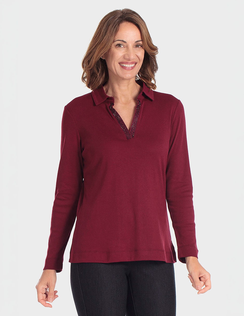 Playera manga larga cuello polo para mujer Playera manga larga cuello polo para mujer