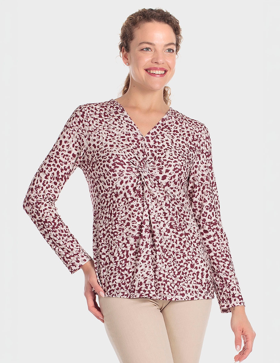 Playera manga larga cuello V para mujer